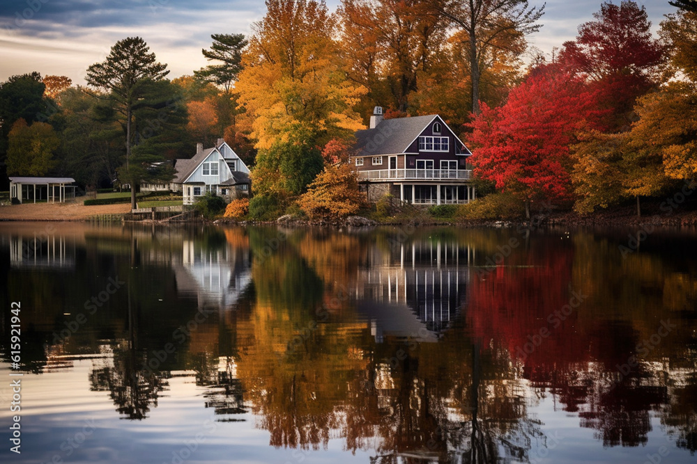 beautiful house by the lake in the forest, autumn landscape