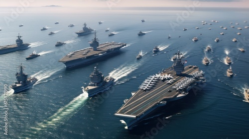 Bustling naval fleet with warships, submarines, aircraft carriers, and a vast expanse of open water