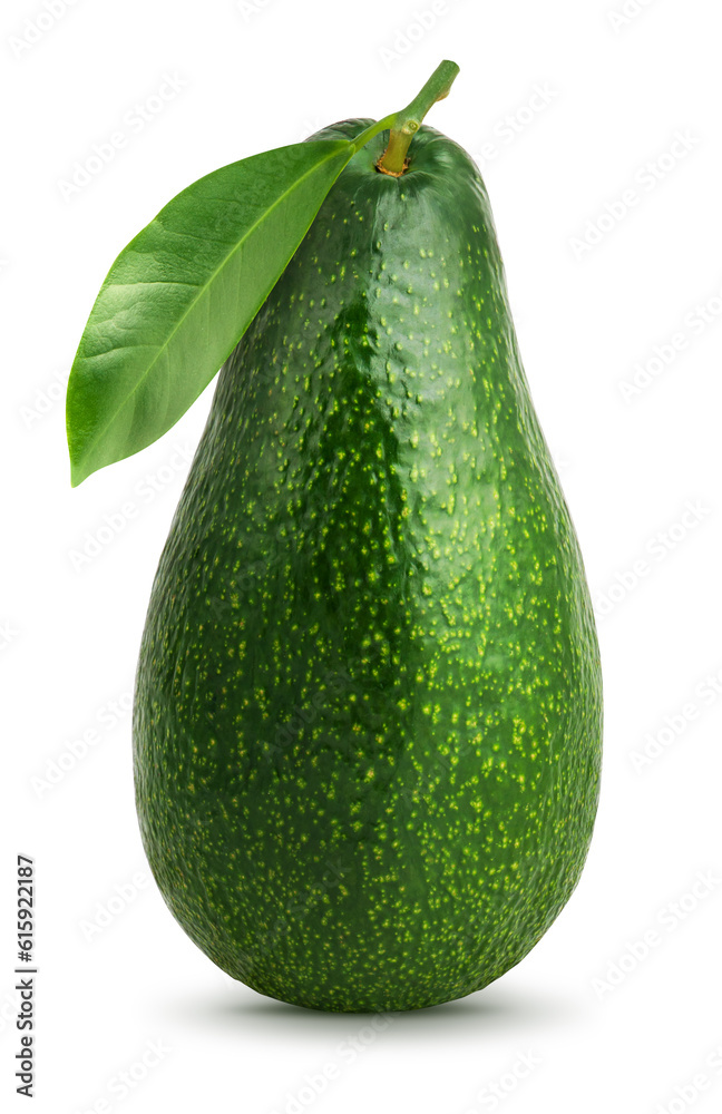Avocado with leaf isolated on white background. Whole avocado close-up with clipping path. Avocado with leaf isolated on white background. Whole avocado close-up with clipping path.