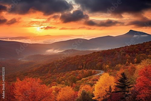 beautiful sunset over yellow and red autumn forest in the mountains