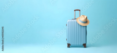 Obraz na płótnie Blue suitcase with sun glasses, hat and camera on pastel blue background. travel concept minimal. Generative AI w salonie