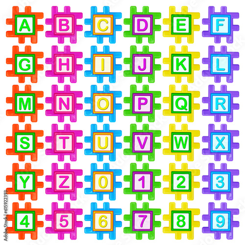 Coloured plastic puzzles with alphabet and numbers for children's development and of three-dimensional modeling on a white background
