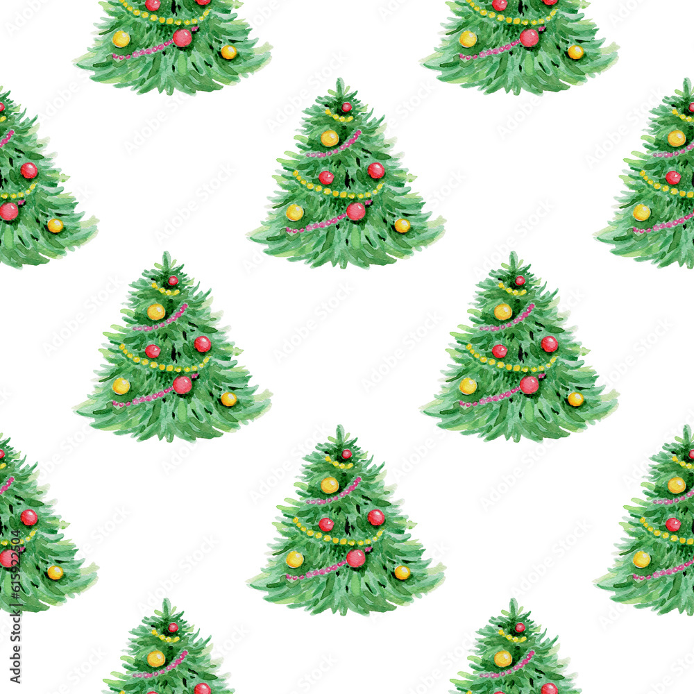 Decorative hand drawn watercolor seamless pattern with Christmas tree on a white background