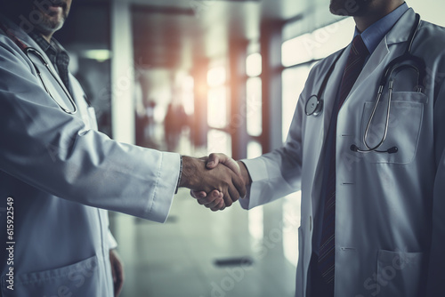 Doctors shaking hands in hospital corridor. Generative AI