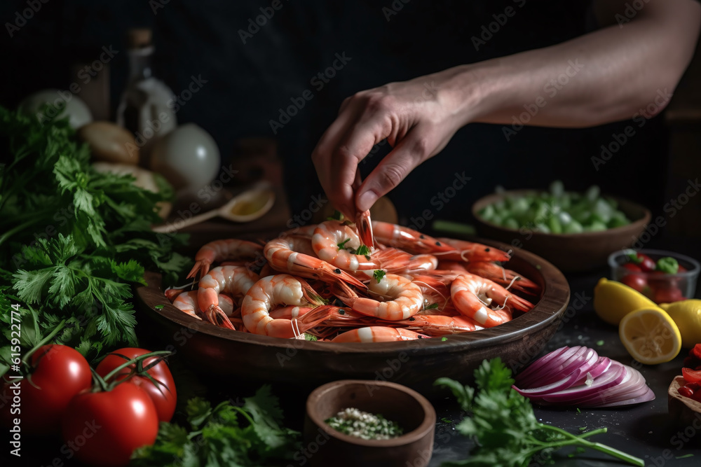 Seafood, Professional cook prepares shrimps with sprigg beans. Cooking seafood, healthy vegetarian food and food on a dark background. Horizontal view. Eastern kitchen. Generative AI