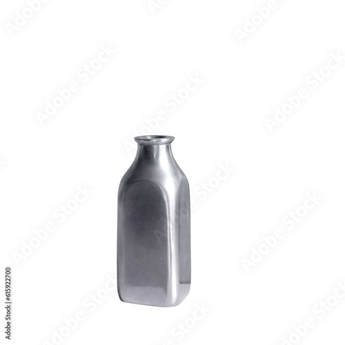 an empty silver colored metal bottle or vase on a transparent background with copy space