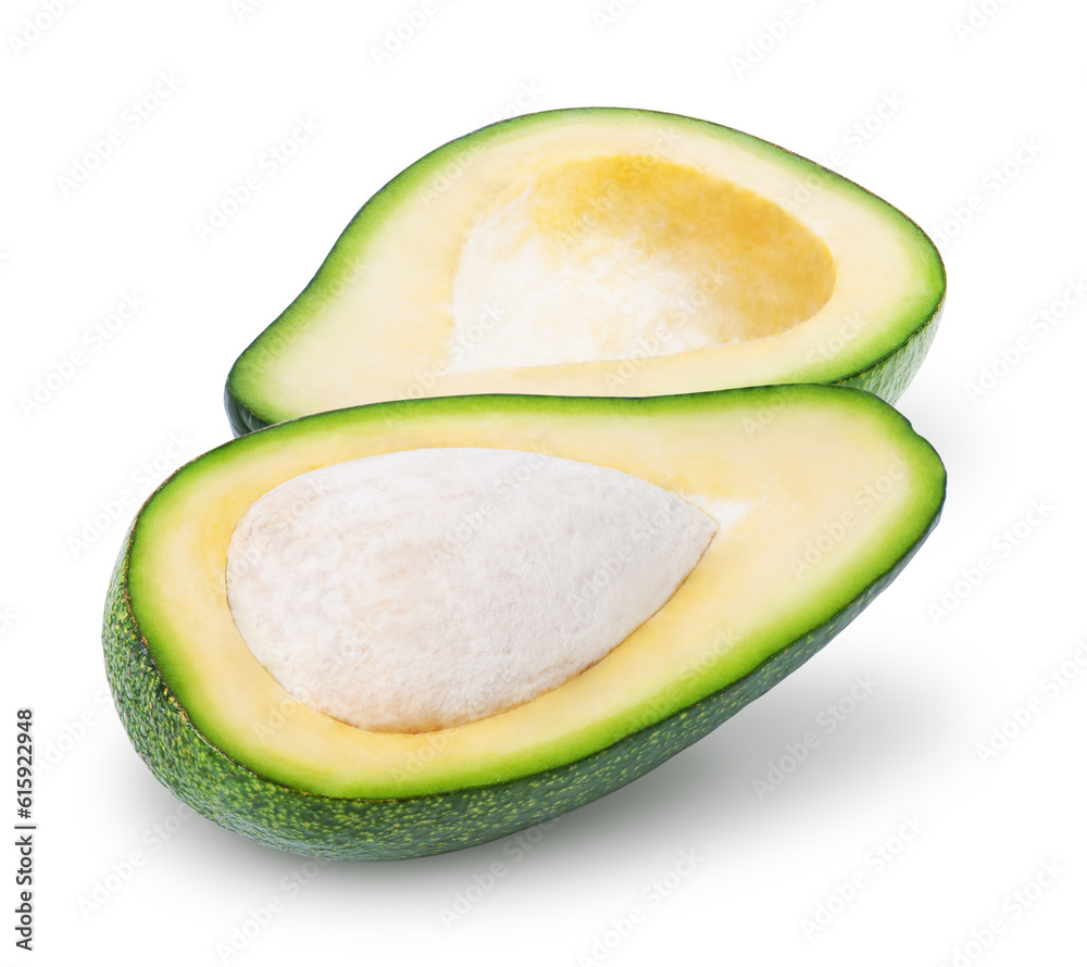 Two halves of avocado fruit isolated on white Two halves of avocado fruit isolated on white