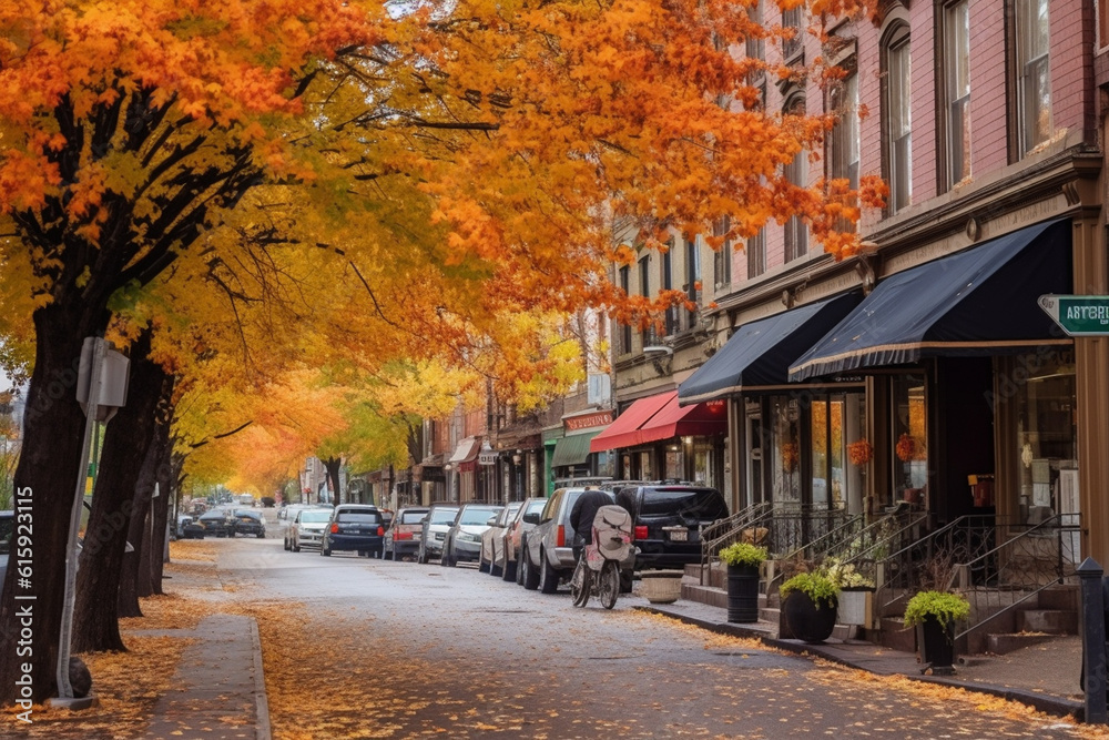 Beautiful city street with cars, houses and yellow leaves on trees in autumn season