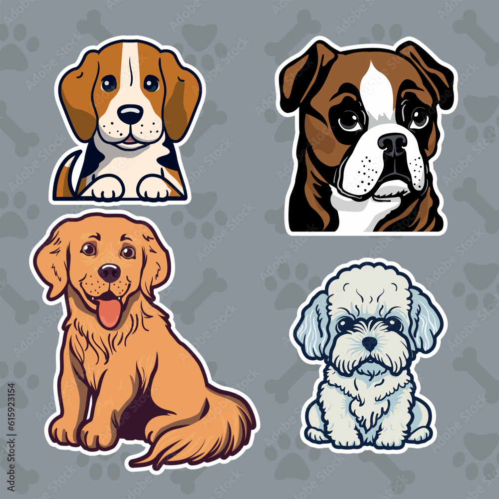 vector dog stickers of different breeds, illustration of boxer dog, beagle, maltese and golden retriever, pet sticker