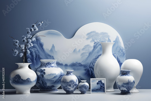 A set of creative porcelain tableware in white with blue national traditional designs. Vintage Japanese tableware with painting against blue color wall. Generative AI professional photo imitation.