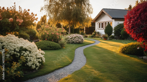 Beautiful manicured lawn and flowerbed with deciduous shrubs on private plot and track to house against backlit bright warm sunset evening light on background. Soft focusing in foreground, Beautiful m