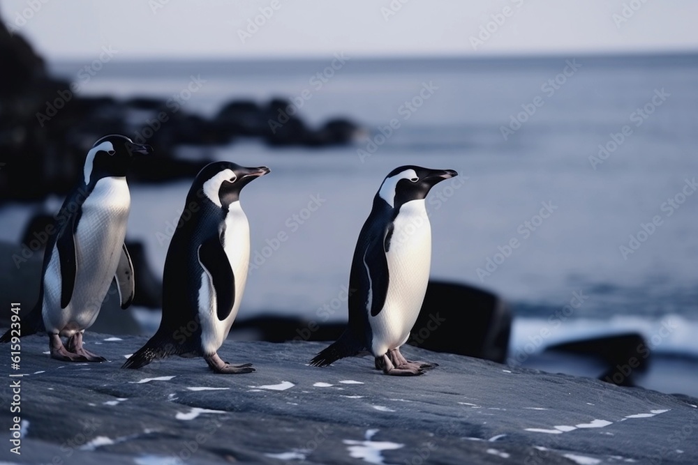 Penguins on the on the seashore in the wild. Generative AI.