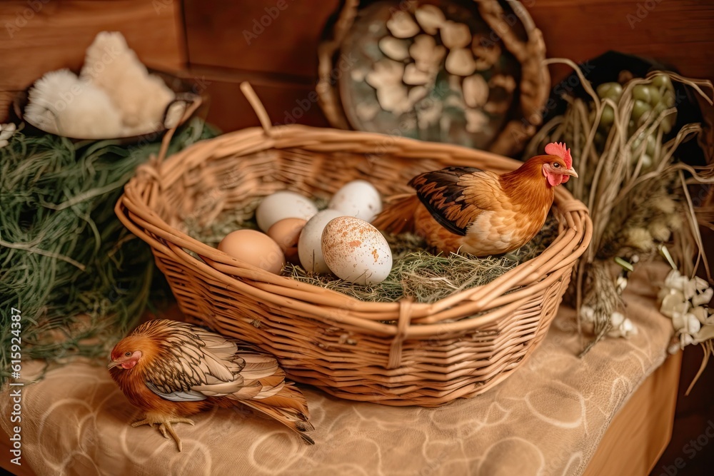 rustic basket brimming with fresh farm eggs on a wooden table rustic basket brimming with fresh farm eggs on a wooden table