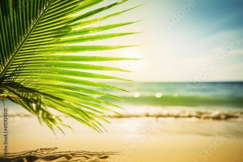 vibrant green palm leaf against a turquoise ocean background on a sandy beach © 2ragon