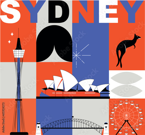 Typography word "Sydney" branding technology concept. Collection of flat vector icons, culture travel set famous architectures, specialties detailed silhouette. Australian landmark video split screen