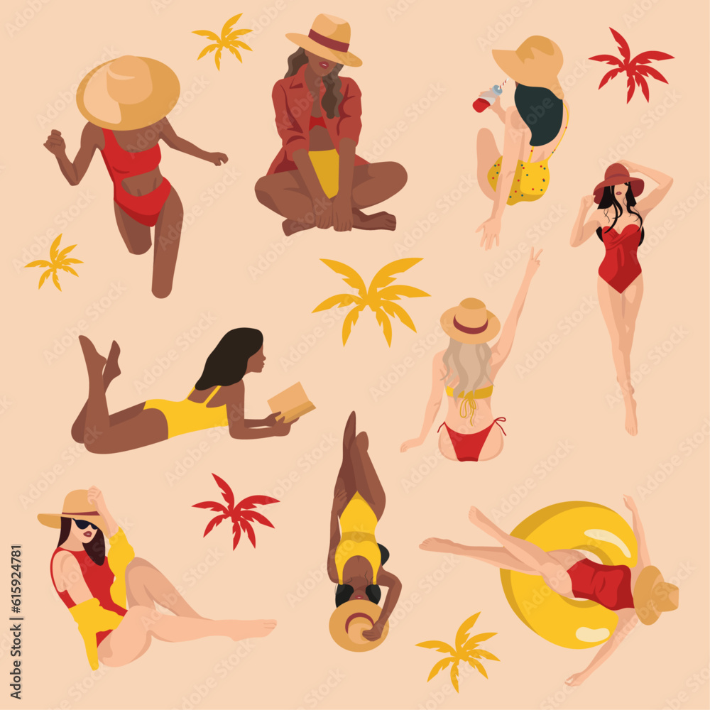 A set of beautiful black and white girls resting on beach during vacation for cards, webs, posters in faceless style in red, yellow, orange colors A set of beautiful black and white girls resting on beach during vacation for cards, webs, posters in faceless style in red, yellow, orange colors