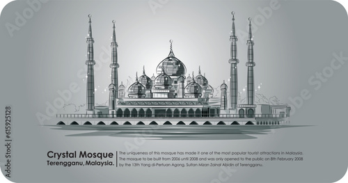 Important mosque of islam On gray background, islamic history, tourist attraction, world heritage, building. line art black and white vector illustration.