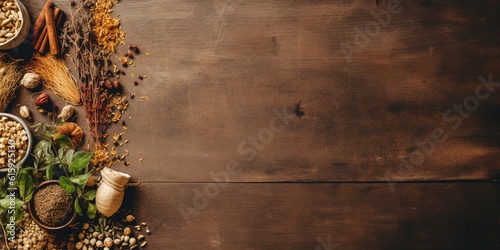Naturopathy, TCM. Natural medicines. Flat lay of herbal witchcraft, shaman herbs, beautiful wooden structure for text. Green plants. Generative Ai.