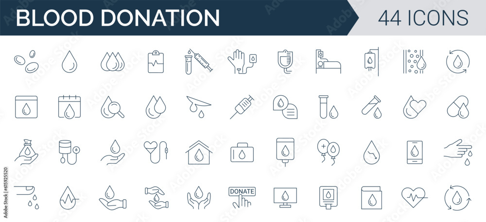 Blood Donation Icon Set. Charity, Help, volunteer, donated, sharing, and solidarity line icons vector