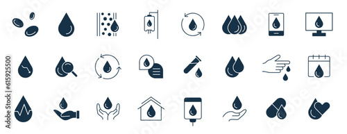 Blood icon set. Charity, Hematology, Blood Cell, Vessel, DNA, Blood Group, RH Factor, Blood Test, and blood donation solid icons vector