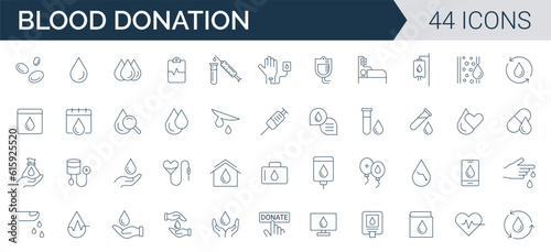 Blood Donation Icon Set. Charity, Help, volunteer, donated, sharing, and solidarity line icons vector