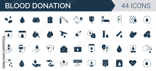Blood Donation Icon Set. Charity, Help, volunteer, donated, sharing, and solidarity Solid icons vector