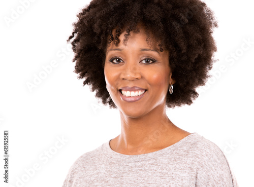 beautiful casual black woman wearing light top on white isolated background