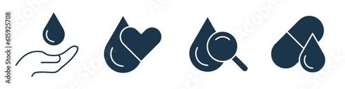 Blood Donation Icon set. Charity icon of magnifier, medicine, hand, heart, and Blood drop vector