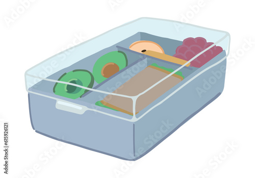 Lunch box doodle. Healthy food nutrition in school or work. Clipart of container for food. Cartoon style vector illustration isolated on white.