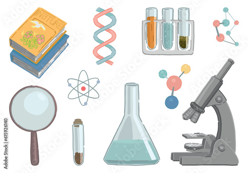 Biology chemistry lesson school attributes collection. Set of microscope, laboratory beakers, textbook, magnifying glass, formulas. Cartoon vector illustrations clip arts isolated on white.