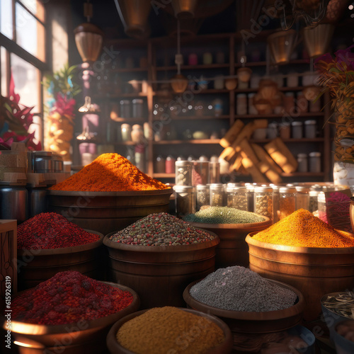 Spice market, Asian shop. Square illustration. AI generative.