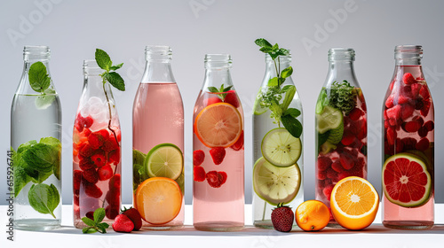 several different types of fruit in glass bottles with strawberries, lemons, strawberrys, lime and watermells
