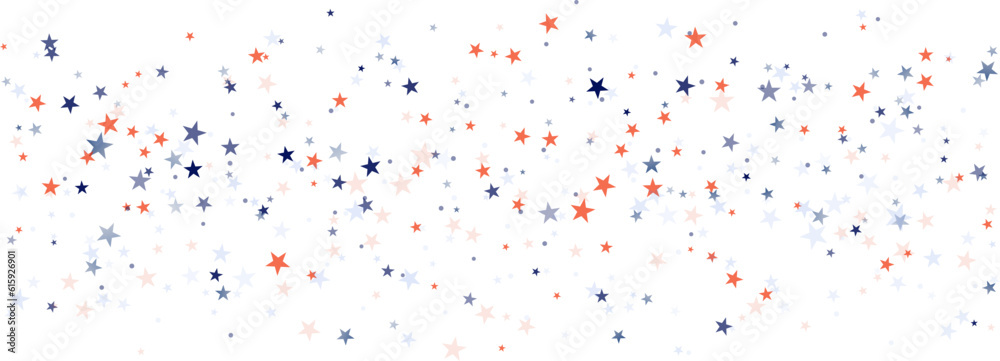 Stars confetti background. USA red and blue stars backdrop. American glitter horizontal border