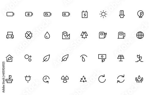 Ecology and energy line art icon set, nature and environment. Conservation, natural recycling power. Vector ecology and energy line art illustration