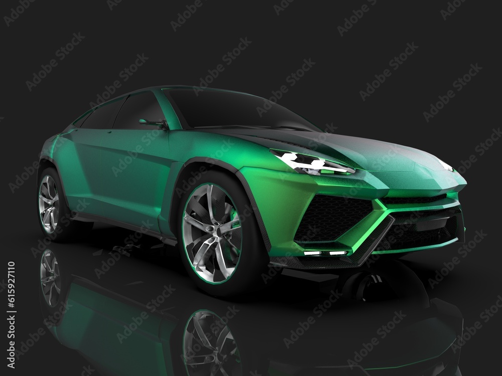 The newest sports all-wheel drive green premium crossover in a black studio with a reflective floor. 3d rendering