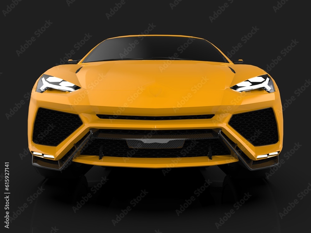 The newest sports all-wheel drive yellow premium crossover in a black studio with a reflective floor. 3d rendering