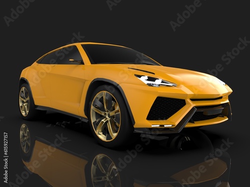The newest sports all-wheel drive yellow premium crossover in a black studio with a reflective floor. 3d rendering