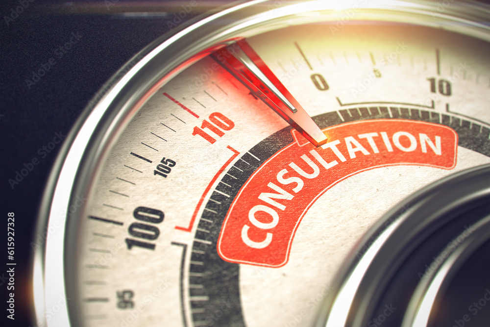 3D of a Speed Meter with Red Needle Pointing the Message Consultation. Business Concept. 3D Render. 3D of a Speed Meter with Red Needle Pointing the Message Consultation. Business Concept. 3D Render.