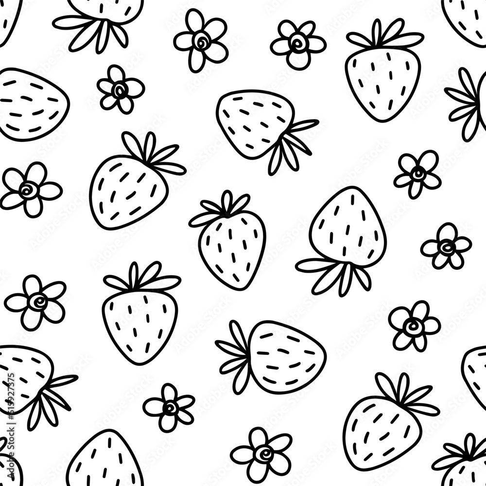 Hand drawn doodle linear monochrome vector messy strawberry flowers and fruits spring summer seasonal seamless repeat pattern isolated on white background