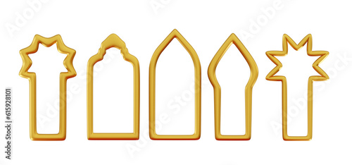 3d Set arabic golden frame isolated Islam architecture shape for muslim holidays Traditional islamic abstract arch for template Minimal 3D rendering illustration