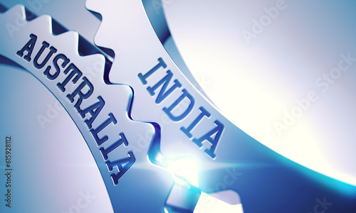 Photography India Australia on the Shiny Metal Cogwheels, Business Illustration with Glow Effect