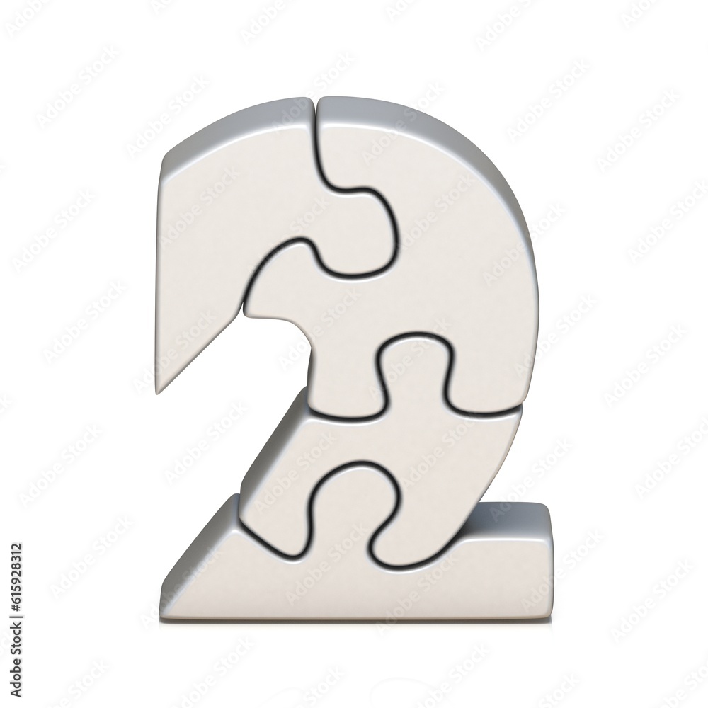 White puzzle jigsaw number TWO 2 3D render illustration isolated on white background White puzzle jigsaw number TWO 2 3D render illustration isolated on white background