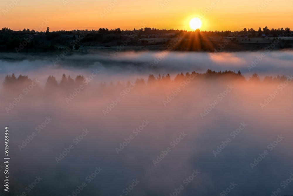 Foggy dawn in Izborsko-Malskaya valley, Pskov region