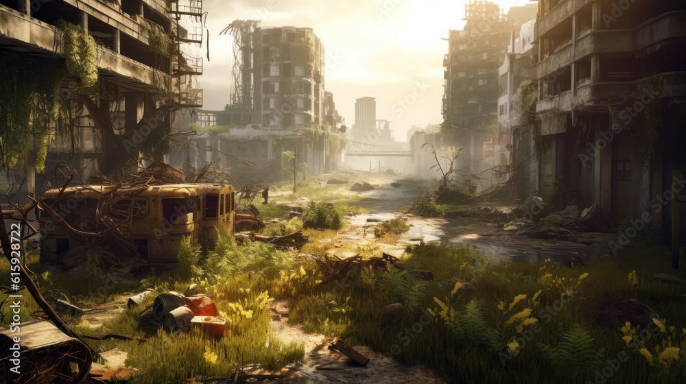 Envision a gritty post - apocalyptic cityscape in ruins, with dilapidated buildings, overgrown vegetation, and a sense of desolation Envision a gritty post - apocalyptic cityscape in ruins, with dilapidated buildings, overgrown vegetation, and a sense of desolation