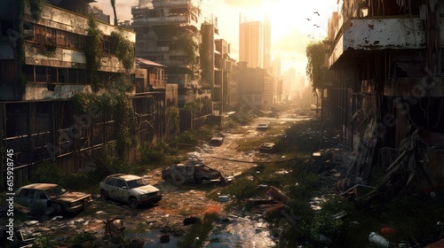Envision a gritty post - apocalyptic cityscape in ruins, with dilapidated buildings, overgrown vegetation, and a sense of desolation