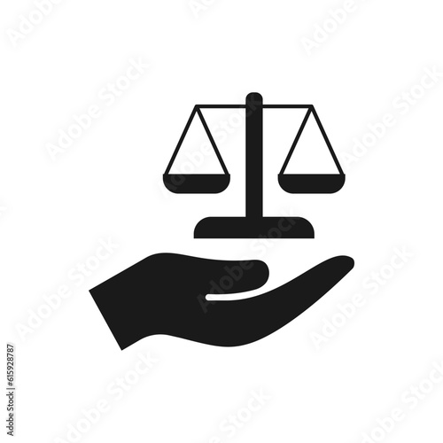 Scales on hand. Law, justice icon flat style isolated on white background. Vector illustration