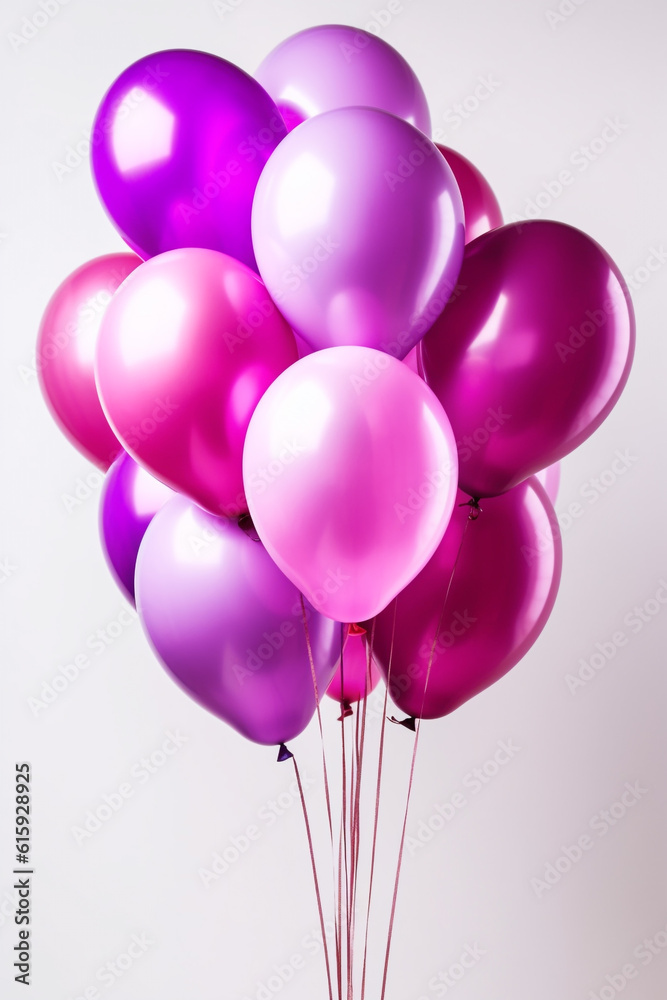 fliegende rosa pink und lila violet Ballons auf hellem Hintergrund. Generative Ai.
