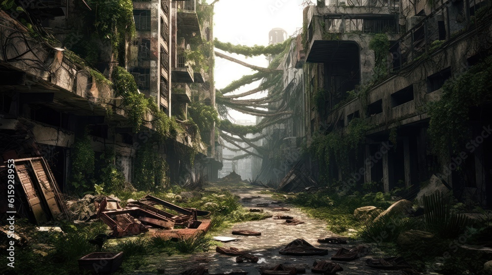 Envision a gritty post - apocalyptic cityscape in ruins, with dilapidated buildings, overgrown vegetation, and a sense of desolation Envision a gritty post - apocalyptic cityscape in ruins, with dilapidated buildings, overgrown vegetation, and a sense of desolation