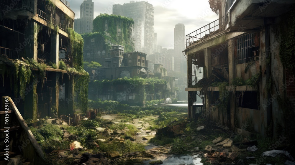 Envision a gritty post - apocalyptic cityscape in ruins, with dilapidated buildings, overgrown vegetation, and a sense of desolation Envision a gritty post - apocalyptic cityscape in ruins, with dilapidated buildings, overgrown vegetation, and a sense of desolation
