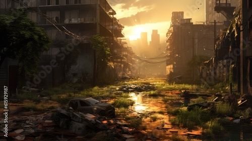 Envision a gritty post - apocalyptic cityscape in ruins, with dilapidated buildings, overgrown vegetation, and a sense of desolation